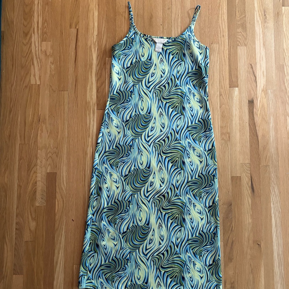 VTG 90s Y2K Express Tricot Midi Dress Retro Swirls Women’s‎ Small Blue Green USA